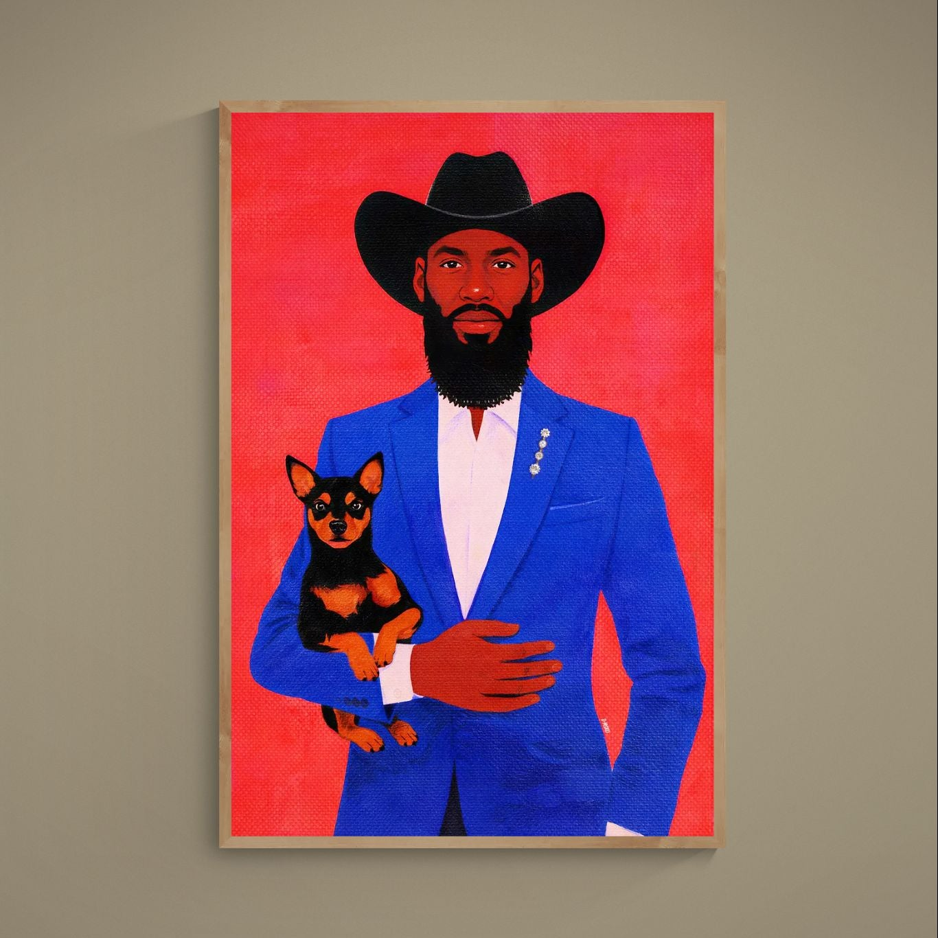 Pop art portrait of bearded gentleman in blue suit and black hat holding small dog on red background