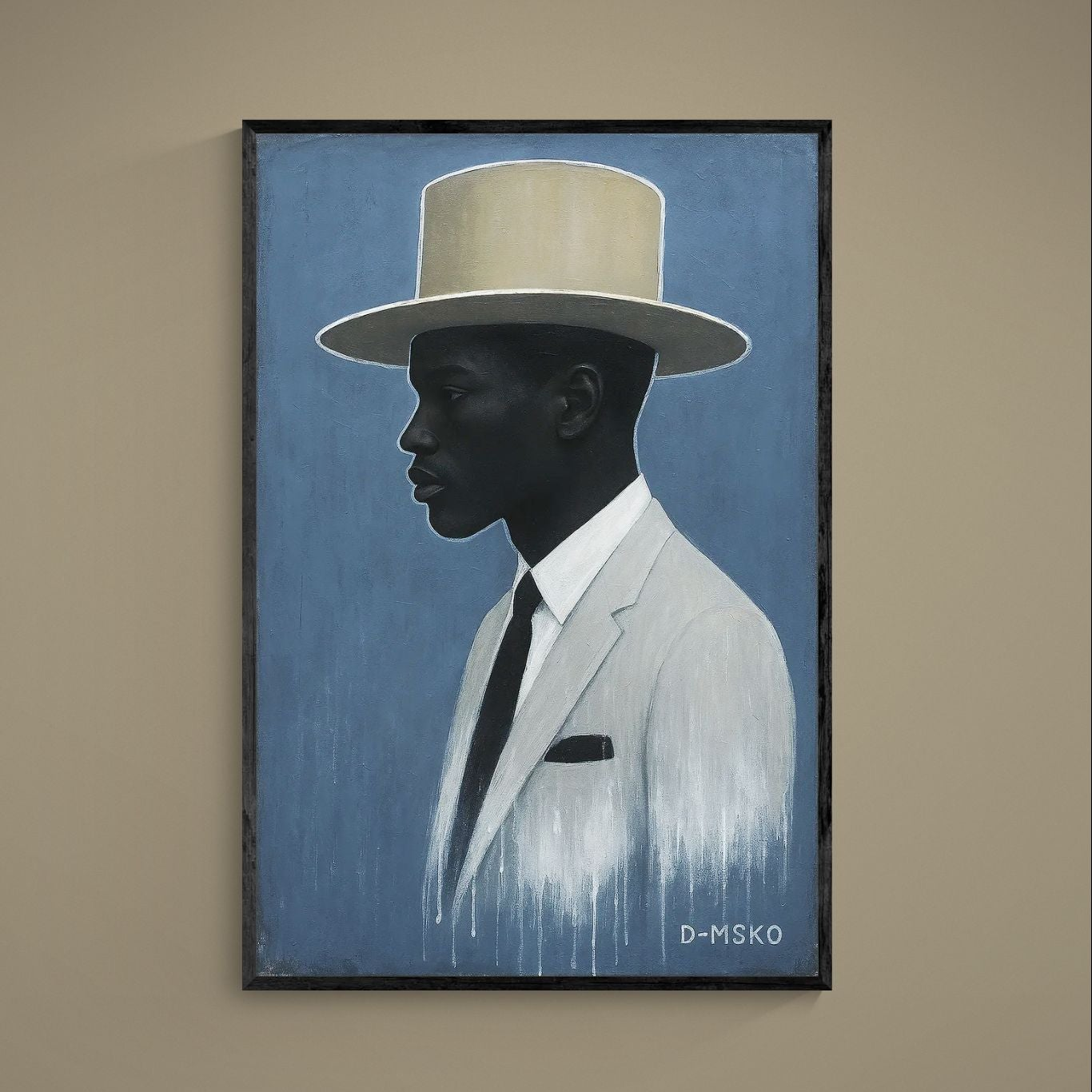 Minimalist gentleman side-profile poster with beige wide-brim hat, blue background, gray suit and black tie