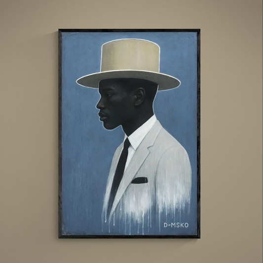 Minimalist gentleman side-profile poster with beige wide-brim hat, blue background, gray suit and black tie