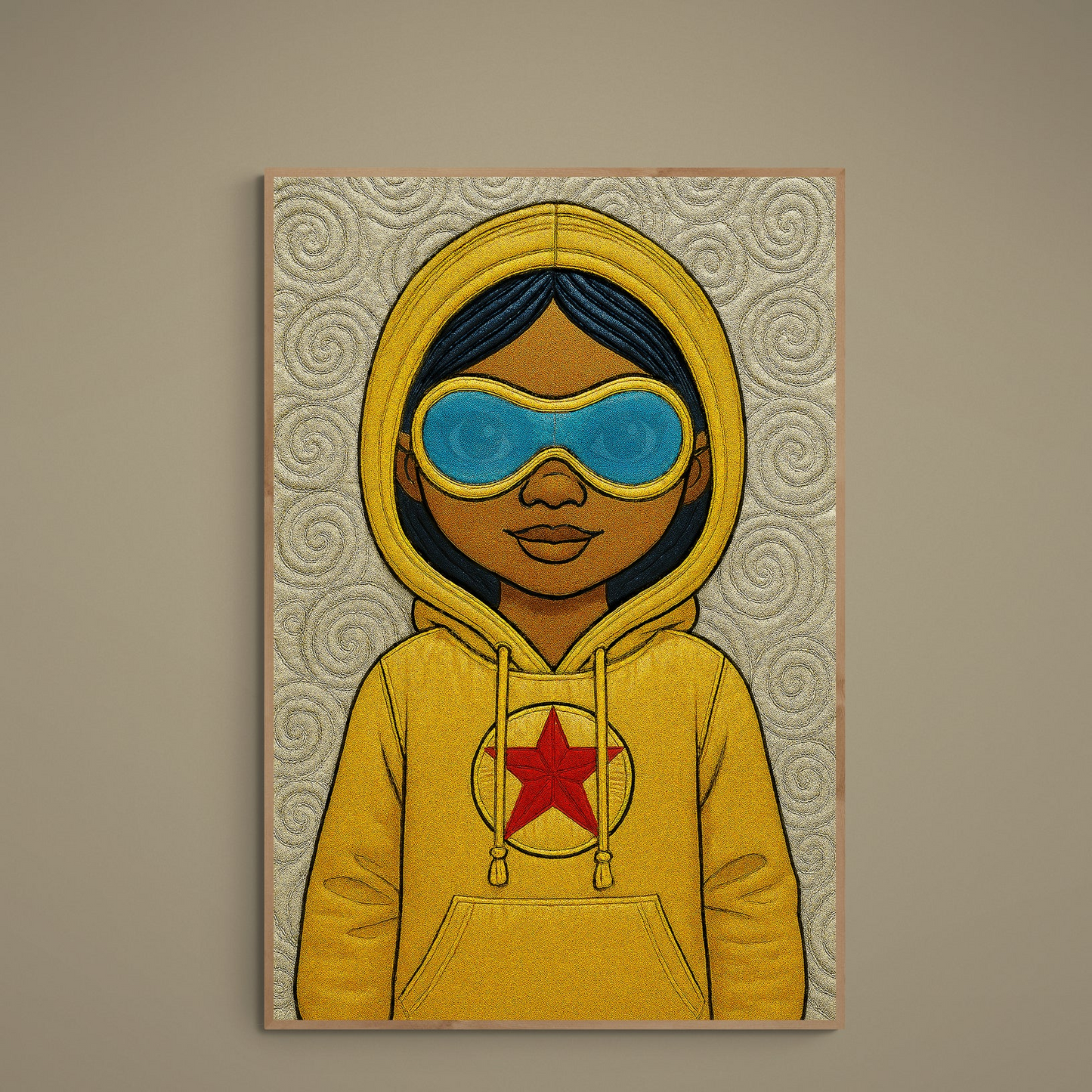 Pop-art portrait of a young figure in yellow hoodie with blue goggles on beige spiral background