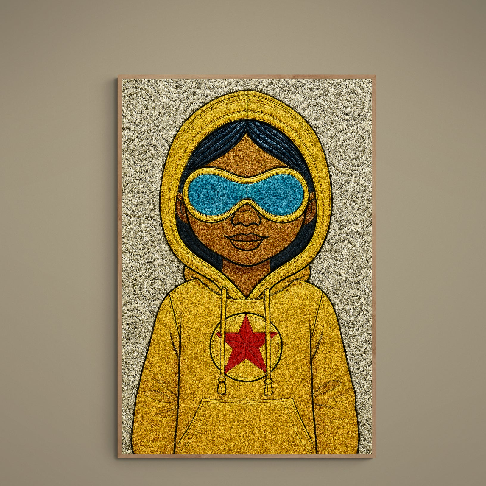 Pop-art portrait of a young figure in yellow hoodie with blue goggles on beige spiral background