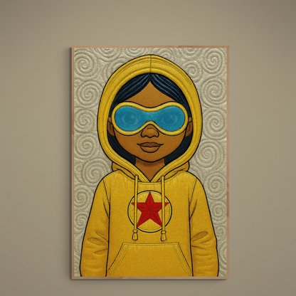 Pop-art portrait of a young figure in yellow hoodie with blue goggles on beige spiral background