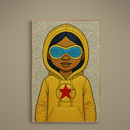 Pop-art portrait of a young figure in yellow hoodie with blue goggles on beige spiral background