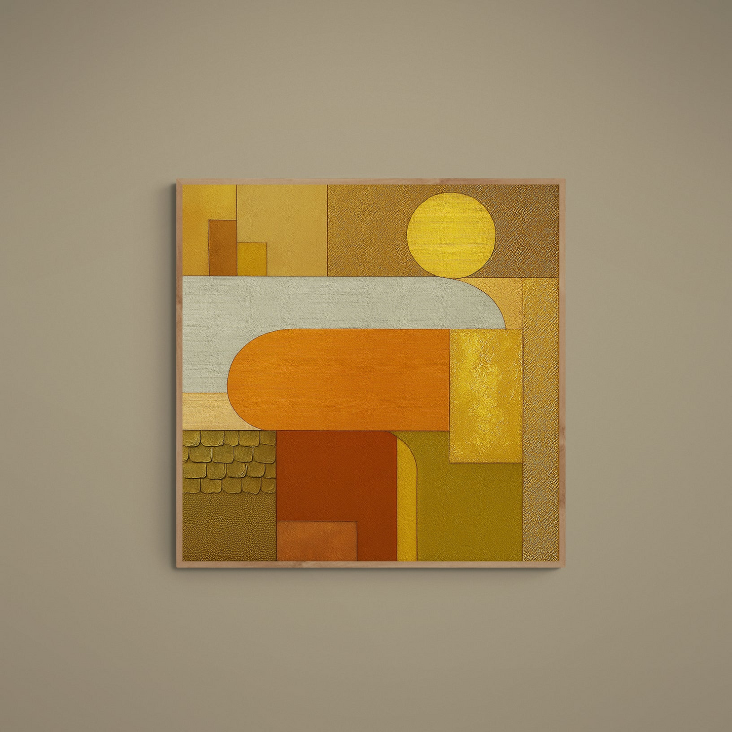 Square Bauhaus poster with orange sun, golden horizon blocks, beige shapes and textured grain