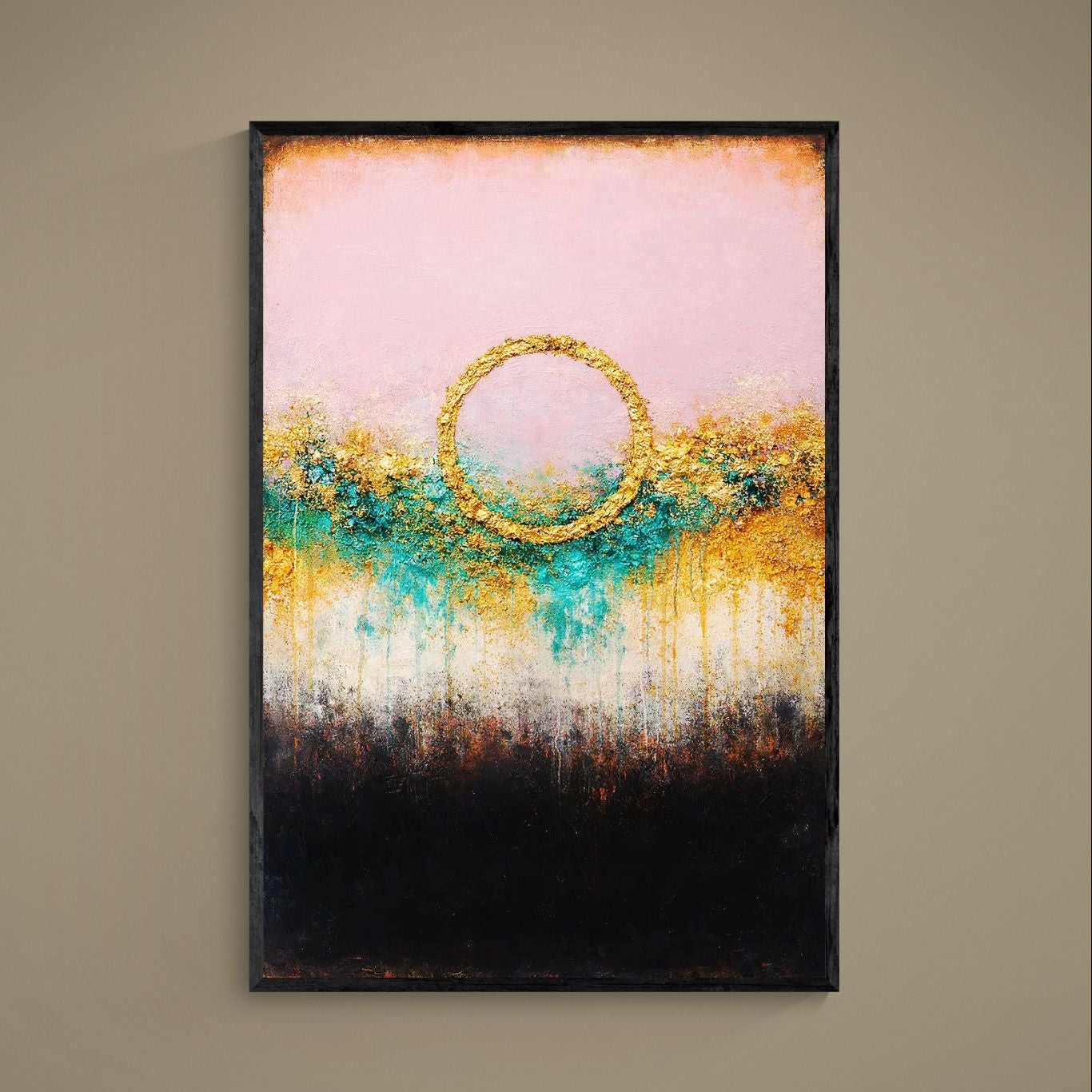 Abstract poster with gold circle on pink, turquoise and gold texture dripping into black base