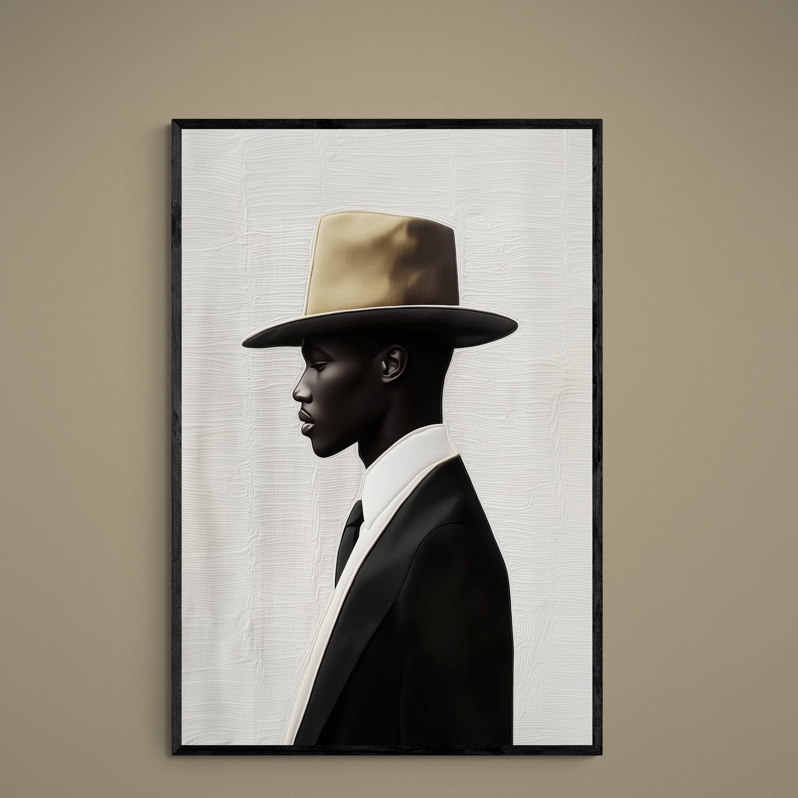 Side-profile silhouette in black suit with beige wide-brim hat on cream textured poster background