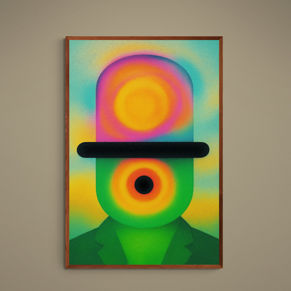 Abstract portrait poster with concentric gradient rings, black bar, and turquoise-yellow background