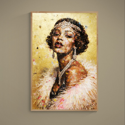 Art Deco portrait poster of a Black woman with jeweled headband, feather boa, and textured gold background