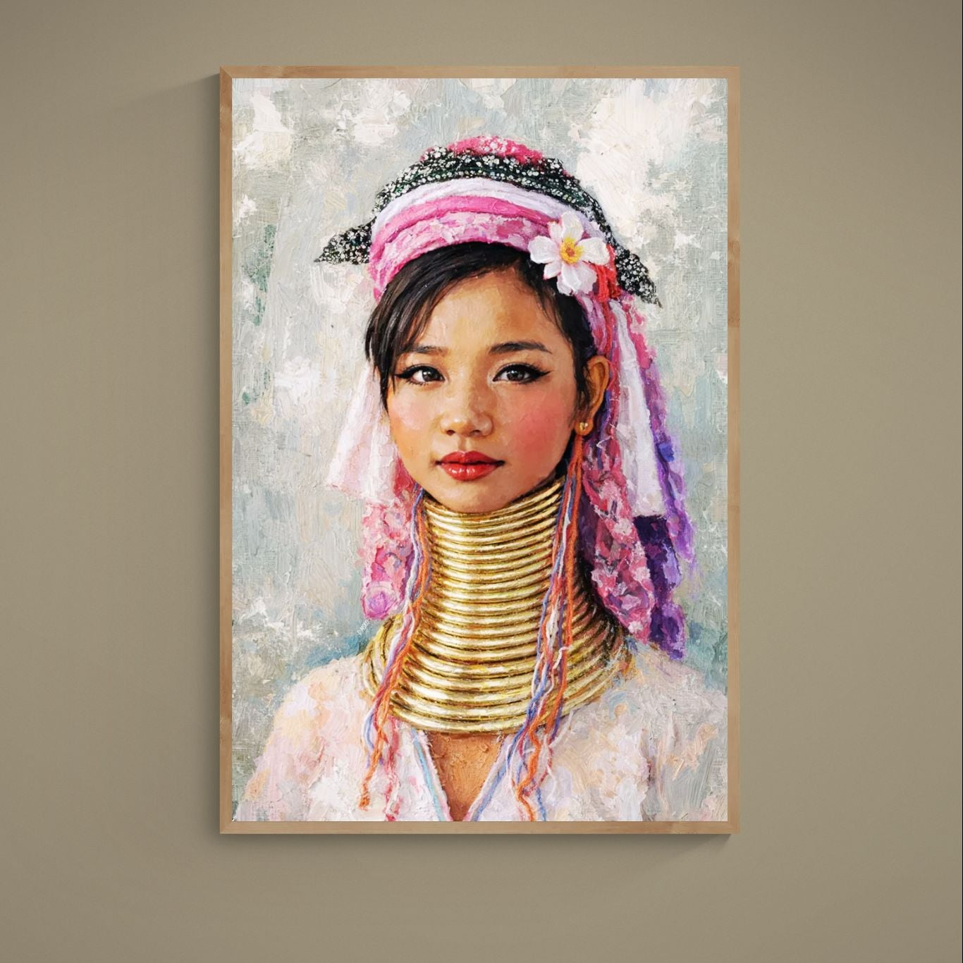 Portrait poster of a Kayan woman with gold neck coils, pink purple headscarf, and textured realism brushwork