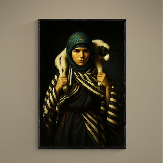 Realist portrait poster of a young keeper in turquoise headscarf carrying a lamb on a dark background
