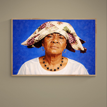 Photorealistic portrait with cream floral headscarf, gold jewelry and vivid blue background