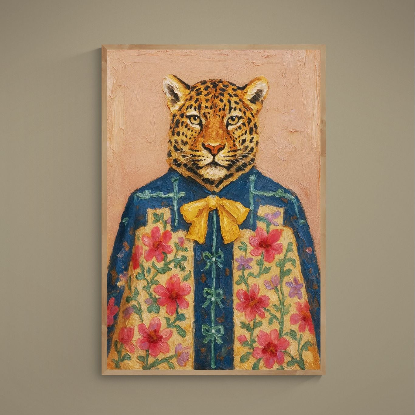 Anthropomorphic leopard in blue floral robe and yellow bow on pink background matte poster