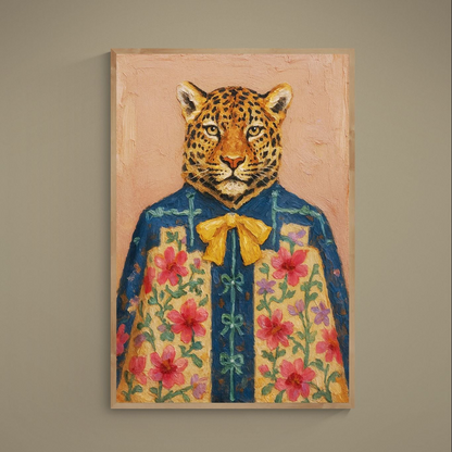 Anthropomorphic leopard in blue floral robe and yellow bow on pink background matte poster
