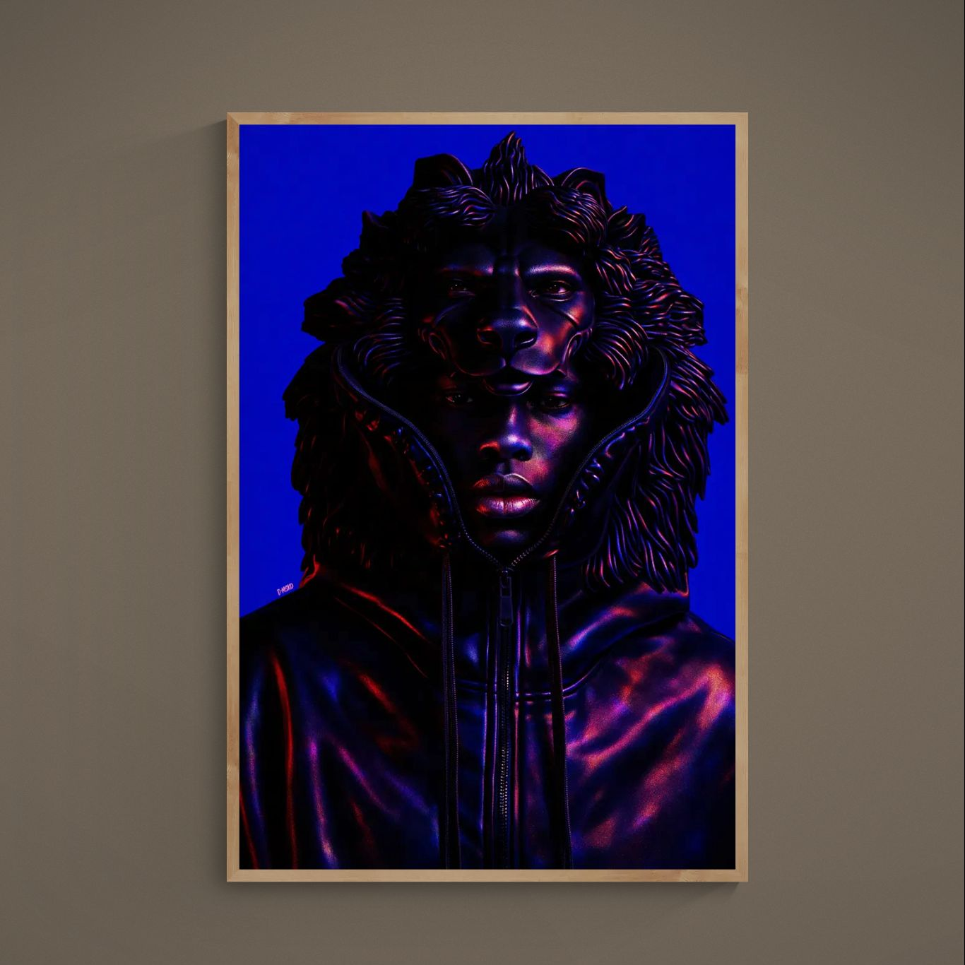 Dark neon lion-hood human portrait poster in blue, purple, red and black