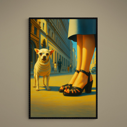 Sweater-wearing chihuahua on city street beside black strappy heels in yellow and blue cinematic light