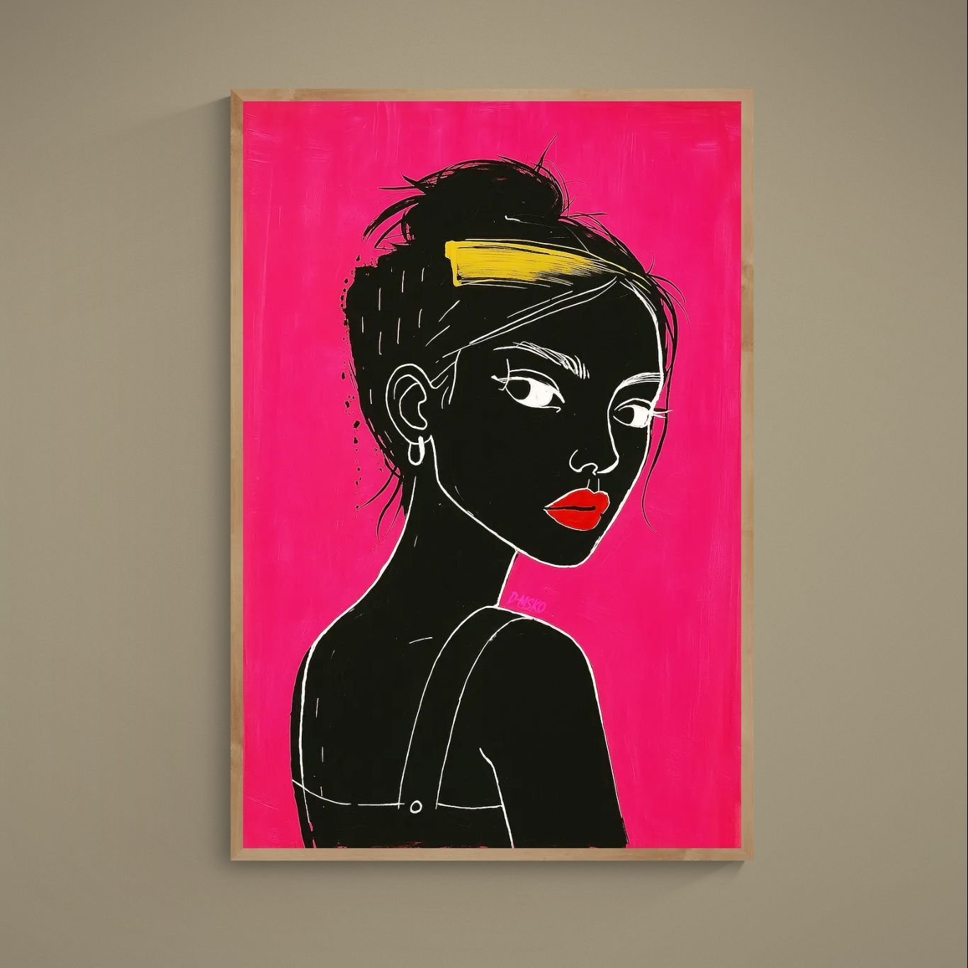Black female silhouette on hot pink poster with white linework, red lips, and yellow hair clip