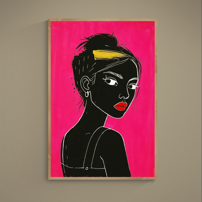 Black female silhouette on hot pink poster with white linework, red lips, and yellow hair clip