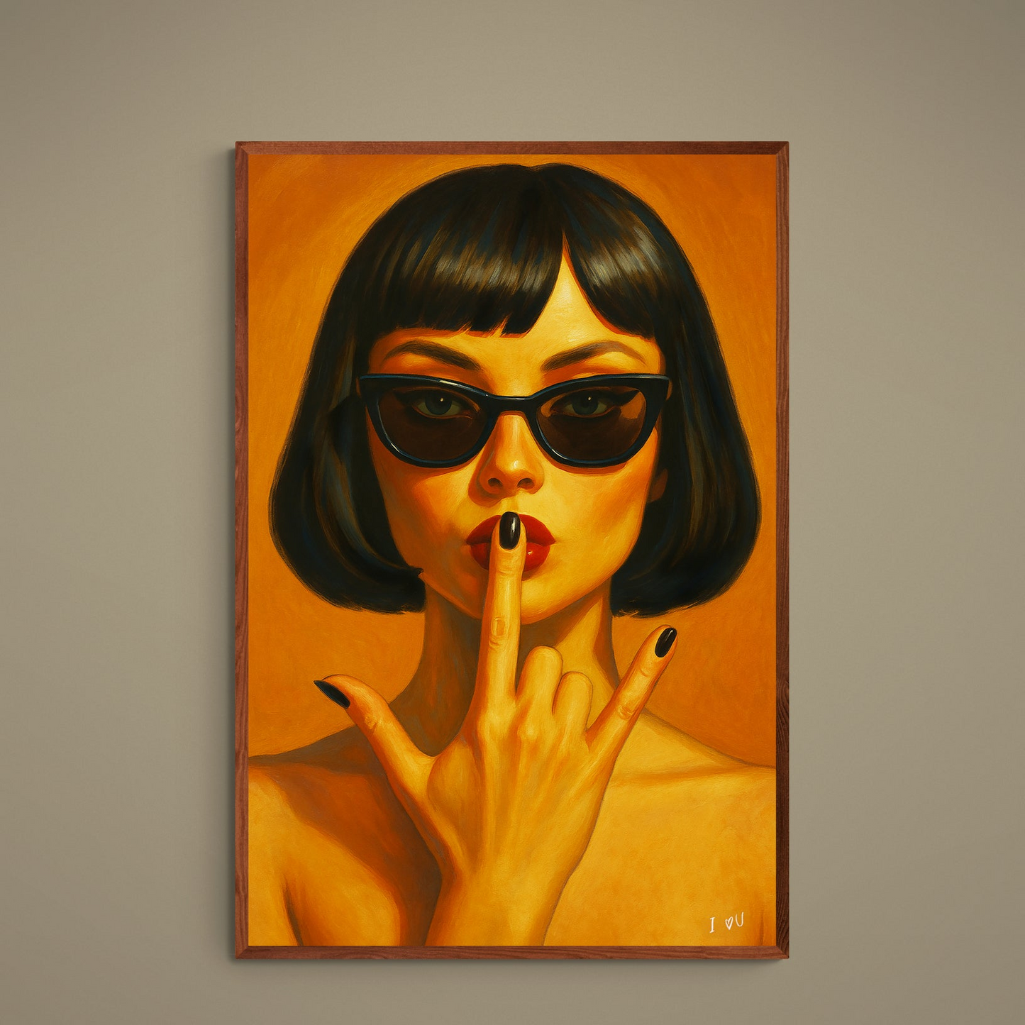 Pop-realism woman portrait with black sunglasses, red lips and black nails on orange background
