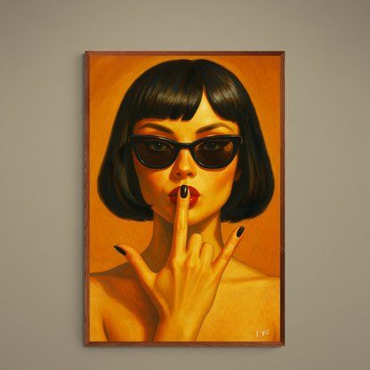 Pop-realism woman portrait with black sunglasses, red lips and black nails on orange background