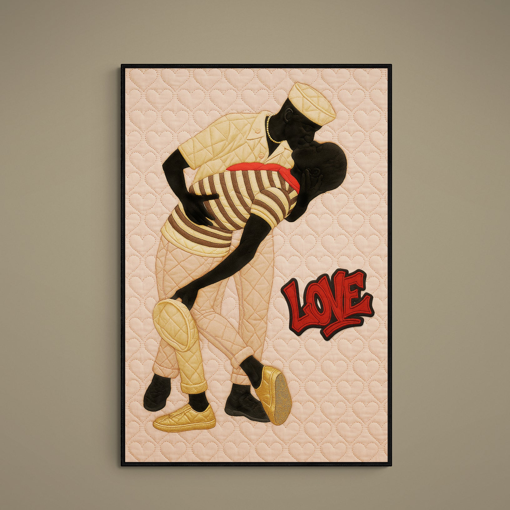 Afrocentric poster of two figures kissing before quilted hearts and red LOVE text