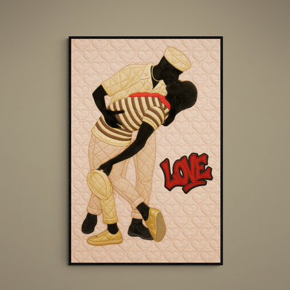 Afrocentric poster of two figures kissing before quilted hearts and red LOVE text
