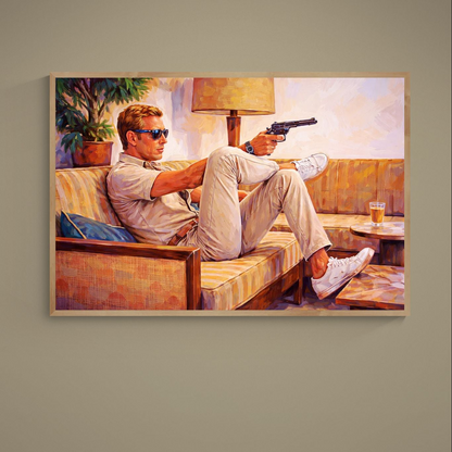 Man in sunglasses reclining on striped couch holding revolver in retro mid-century lounge poster