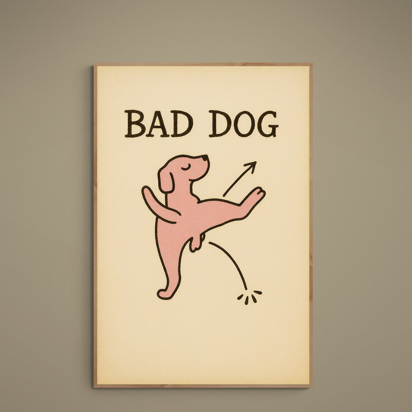 Pink cartoon dog with BAD DOG text on beige retro matte poster