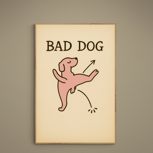Pink cartoon dog with BAD DOG text on beige retro matte poster