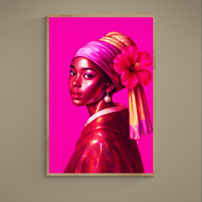 Three-quarter portrait of a woman in pink-gold headwrap with hibiscus and pearl earring on magenta background
