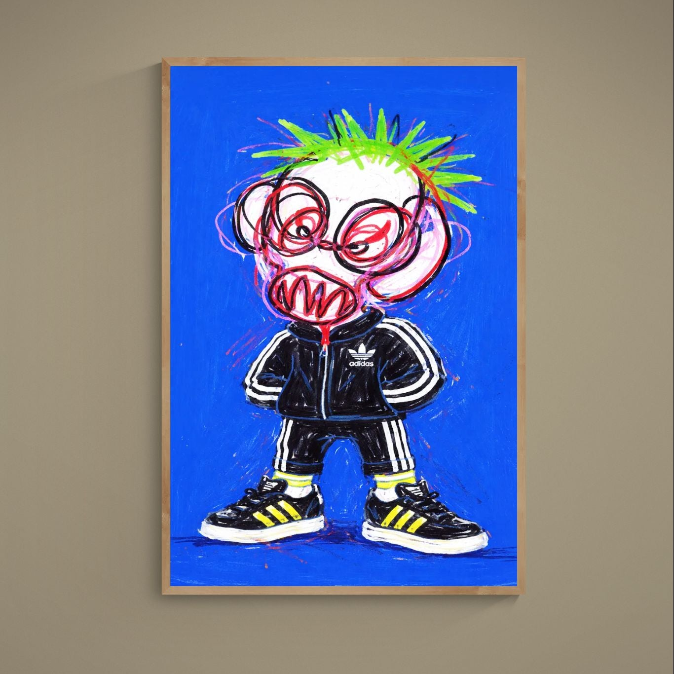 Cartoon street art figure with green spiky hair and Adidas tracksuit on blue poster