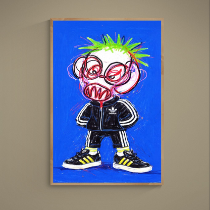 Cartoon street art figure with green spiky hair and Adidas tracksuit on blue poster