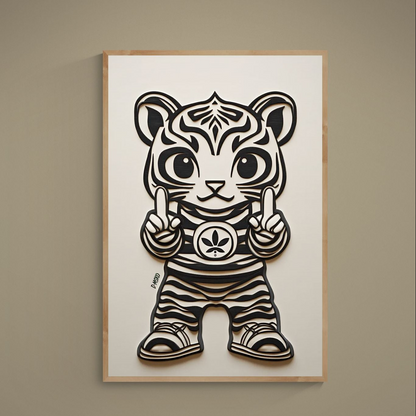 Black cut-paper style tiger with oversized eyes on beige matte poster by Damsko Art