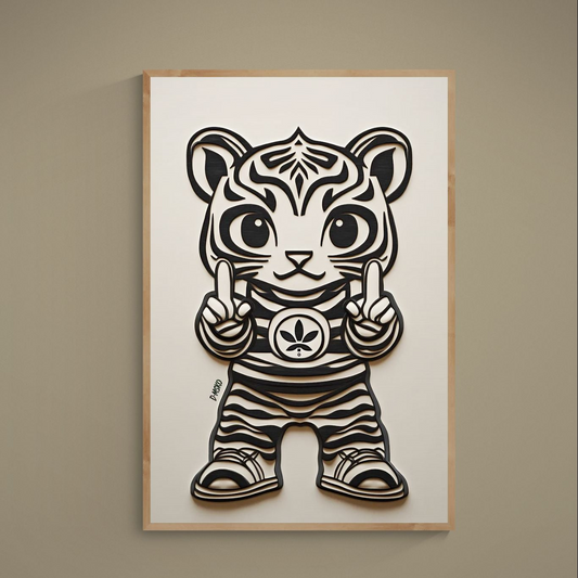 Black cut-paper style tiger with oversized eyes on beige matte poster by Damsko Art