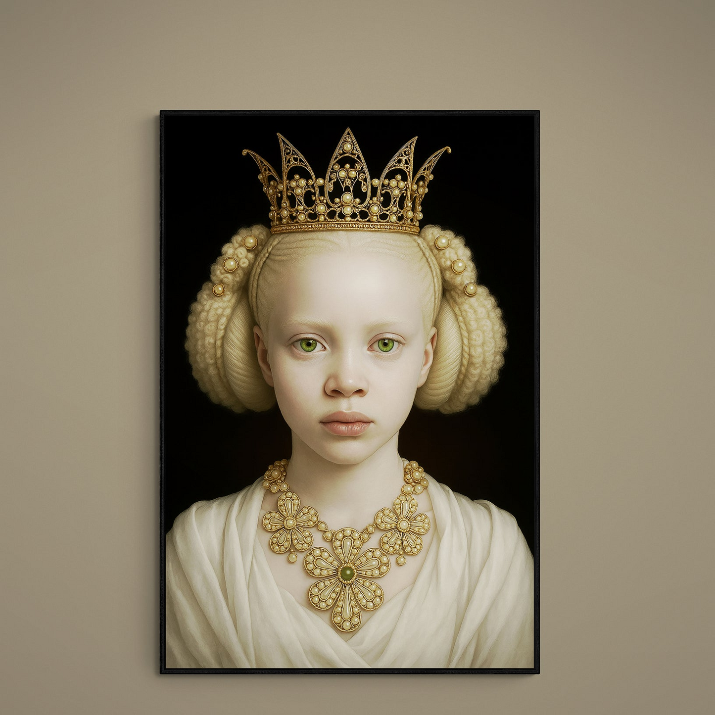 Close portrait of princess with albinism, pearl crown, gold necklace, green eyes on black background