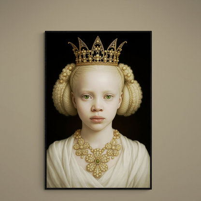 Close portrait of princess with albinism, pearl crown, gold necklace, green eyes on black background