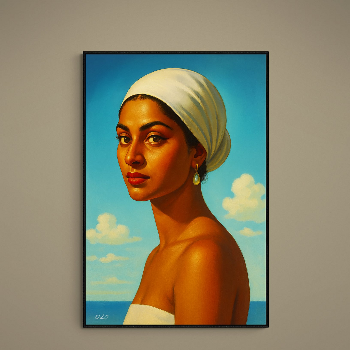 Modern realist portrait of woman in white headscarf with pearl earring against blue sky