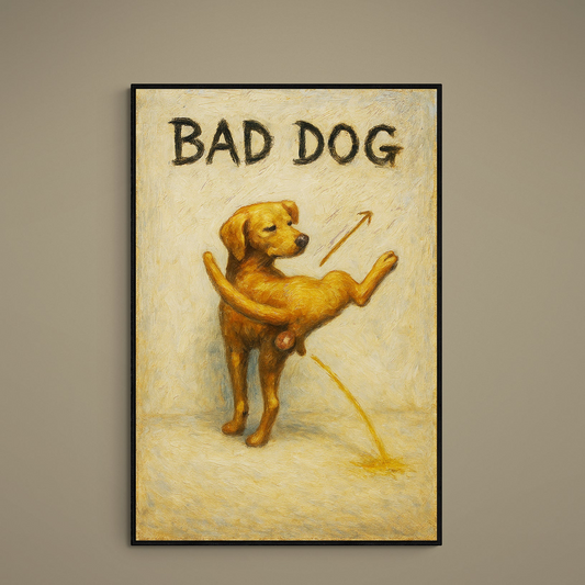 Unframed matte poster with vintage BAD DOG lettering and a golden-yellow dog illustration