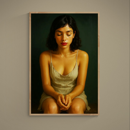 Photorealistic poster of seated woman with closed eyes in beige dress against deep green background
