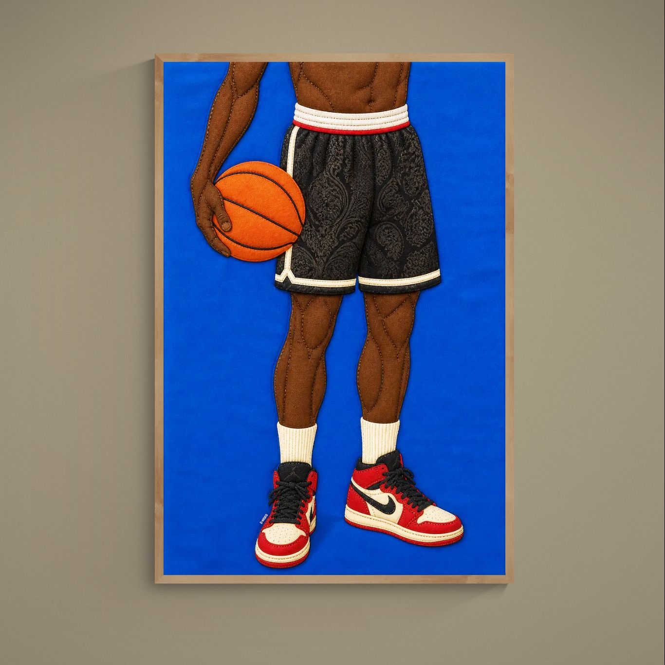 Quilted Afrocentric basketball poster, quiet dribble on blue with stitched collage, museum-quality matte paper.