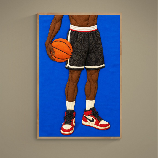 Quilted Afrocentric basketball poster, quiet dribble on blue with stitched collage, museum-quality matte paper.