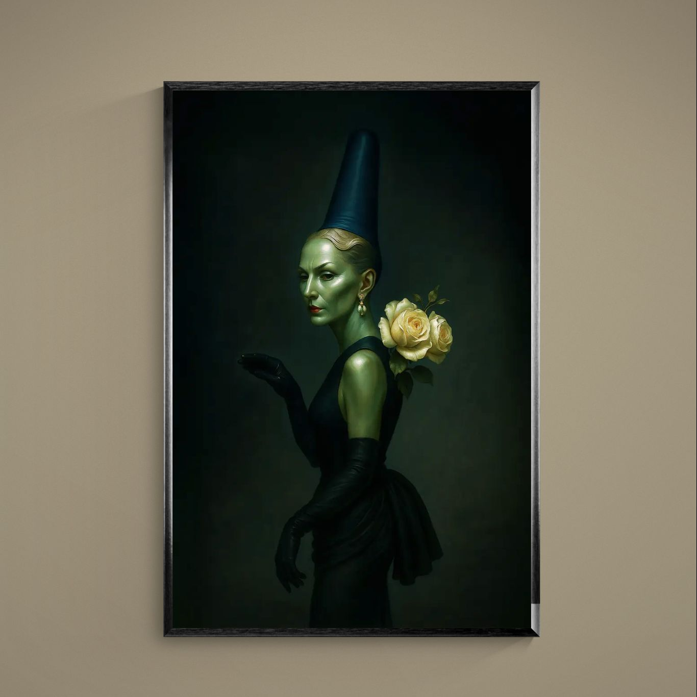 Surreal green-skinned woman in black gown with tall hat and yellow roses on dark background