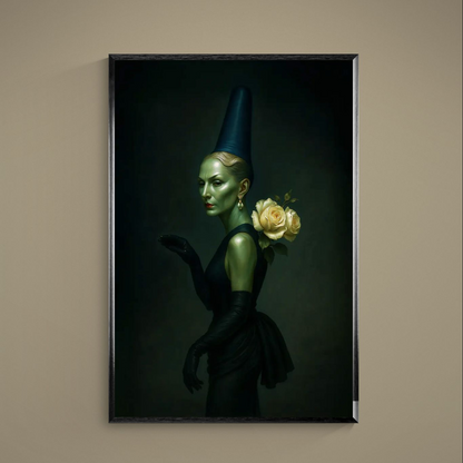 Surreal green-skinned woman in black gown with tall hat and yellow roses on dark background