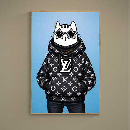 White cat in black monogram hoodie with star sunglasses and gold jewelry on blue background matte poster