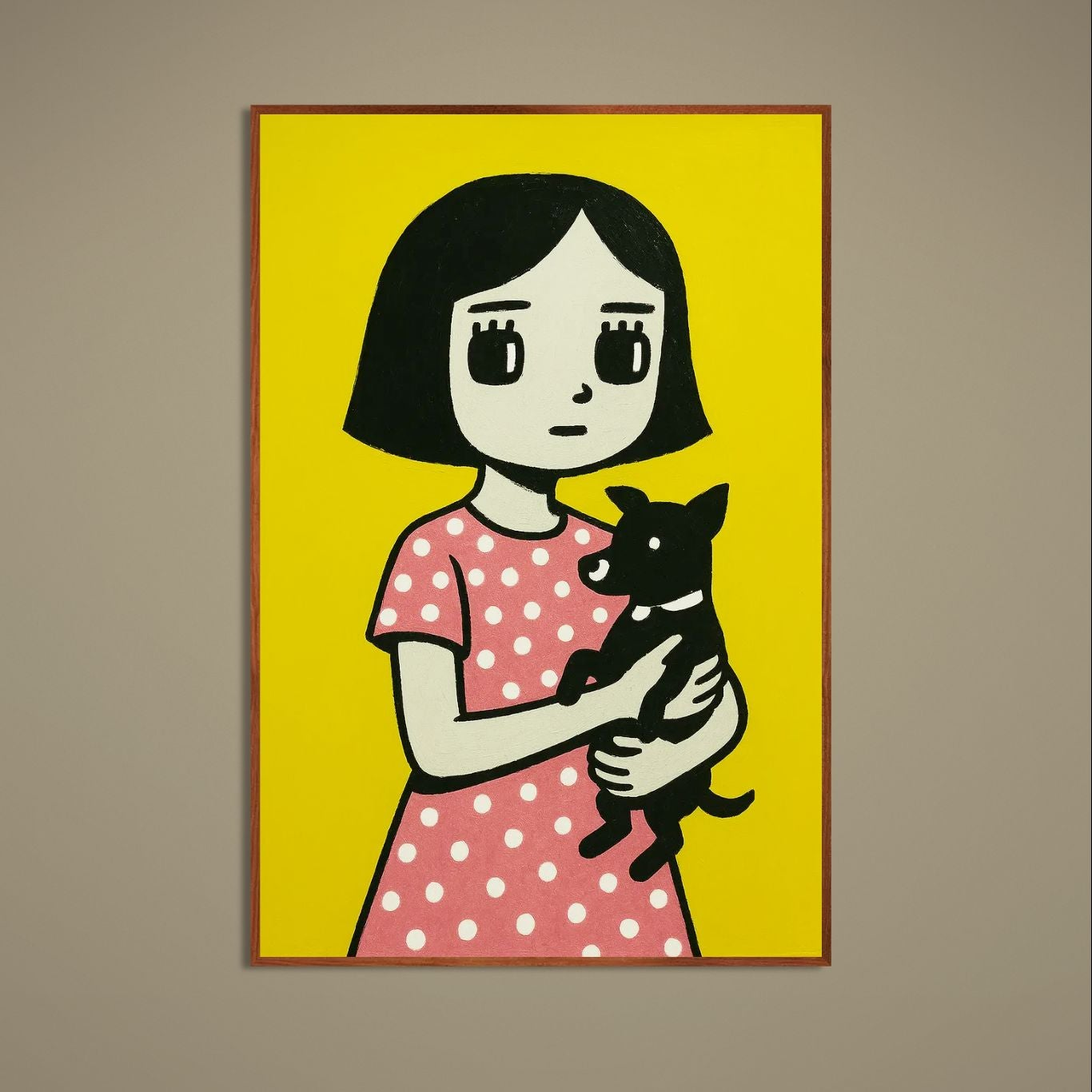 Minimalist pop-art poster of a quiet girl in a pink polka-dot dress holding a small black dog on yellow