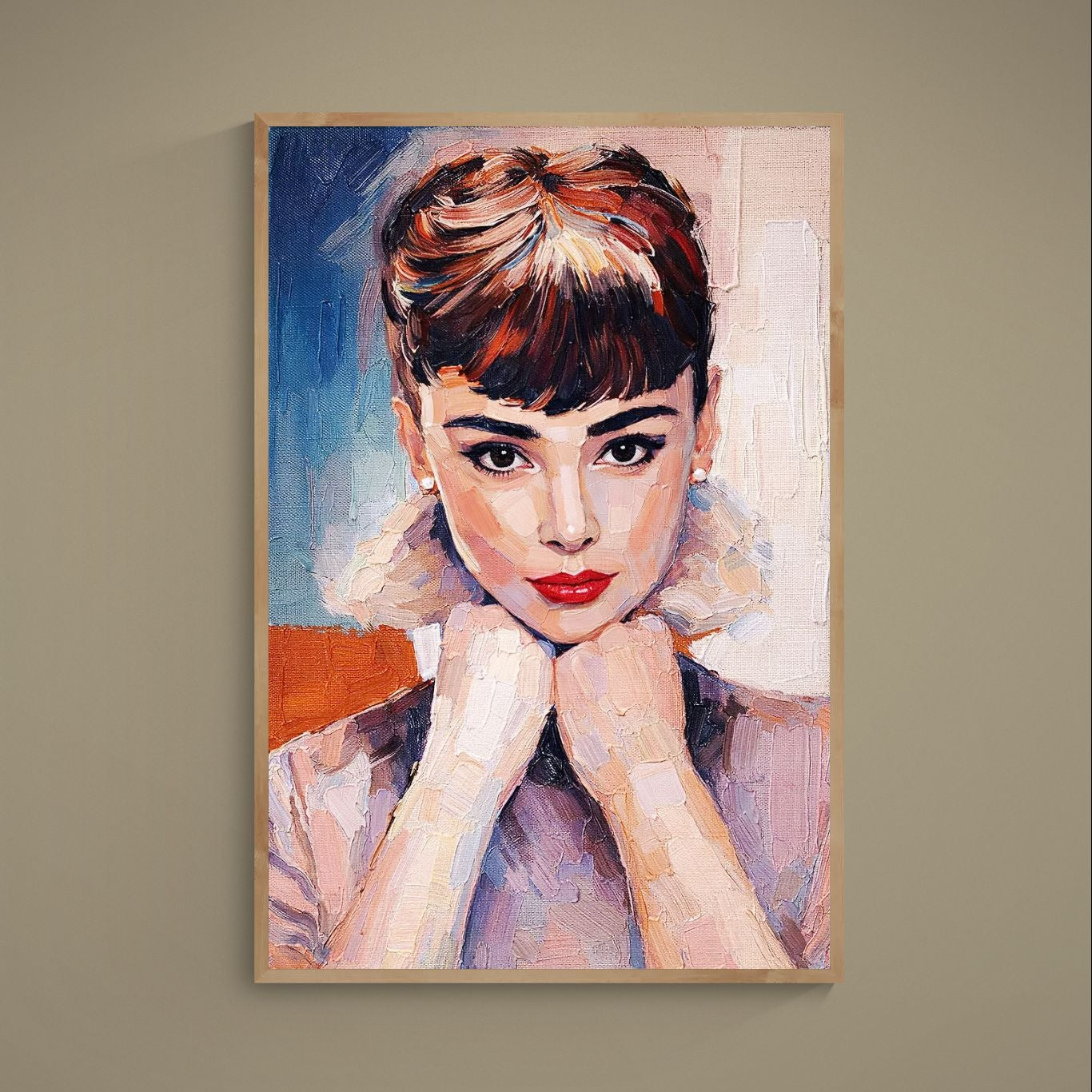 Impasto female portrait poster with blue background, red lips, pearl earring, and visible palette-knife texture