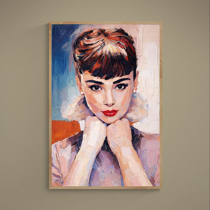 Impasto female portrait poster with blue background, red lips, pearl earring, and visible palette-knife texture