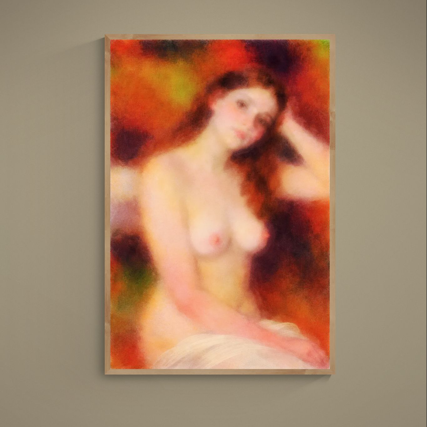 Soft-focus seated classical nude figure study in warm red, orange, and pink tones on an unframed poster