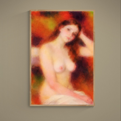 Soft-focus seated classical nude figure study in warm red, orange, and pink tones on an unframed poster