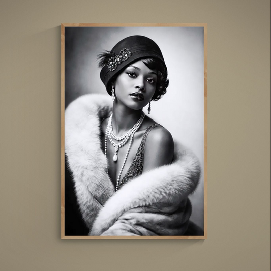 Black and white 1920s flapper portrait with cloche hat, pearls, earrings, and fur stole
