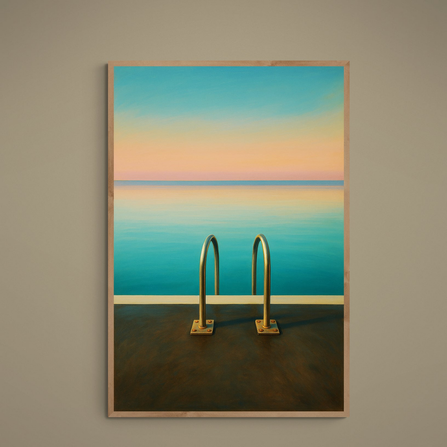 Minimal seascape poster with pool ladder, turquoise water, and pink orange horizon